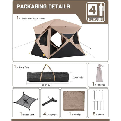 4 Person Pop Up Camping Tent, Instant Cabin Tent Sets Up in 60 Seconds, Portable Hub Tent with Rainfly, Windproof Family Tent for Outdoor Camping & Overlanding