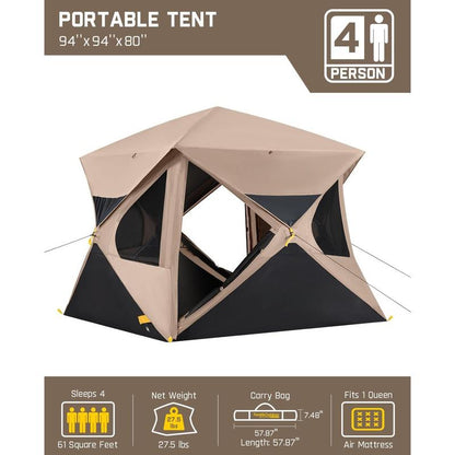 4 Person Pop Up Camping Tent, Instant Cabin Tent Sets Up in 60 Seconds, Portable Hub Tent with Rainfly, Windproof Family Tent for Outdoor Camping & Overlanding